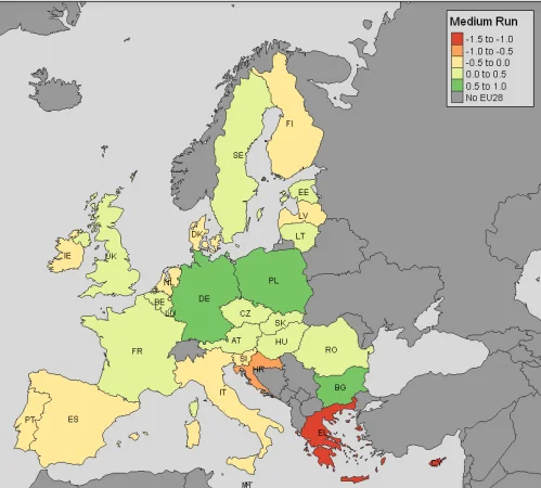 رنگ‌ها میزان تاب آوری کشورها از زیاد(سبز) تا کم(قرمز) را نشان می‌دهند.